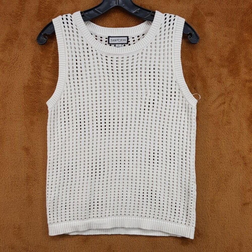 SAM AND JESS Top Womens Small Cream Crochet Open Knit Mesh Sleeveless